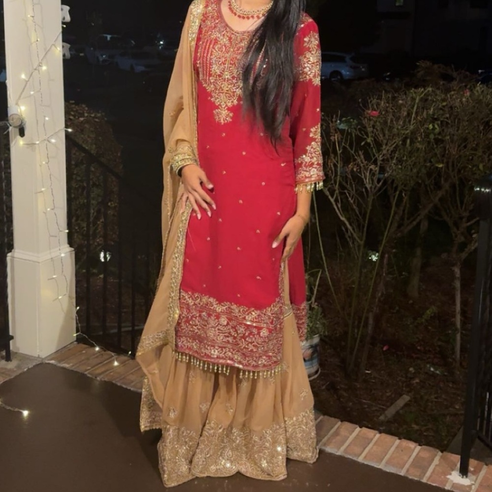 Red and Gold Embroidered Traditional Sharara